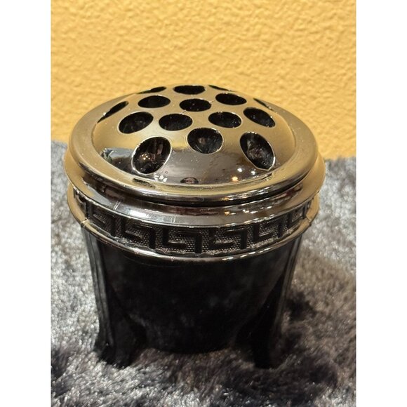 Vintage LE Smith Black Glass Greek Key Flower Frog Footed 2 Piece Vase - Picture 1 of 8